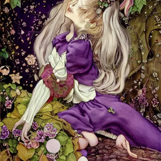 Image similar to little elf girl, santa claus suit, soft hair. light color palate, purple, yellow and white. detailed soft painting, ayami kojima, made in abyss, anatomically correct, inspired in balthus, high detailed face anime, vogue magazine, glorious composition