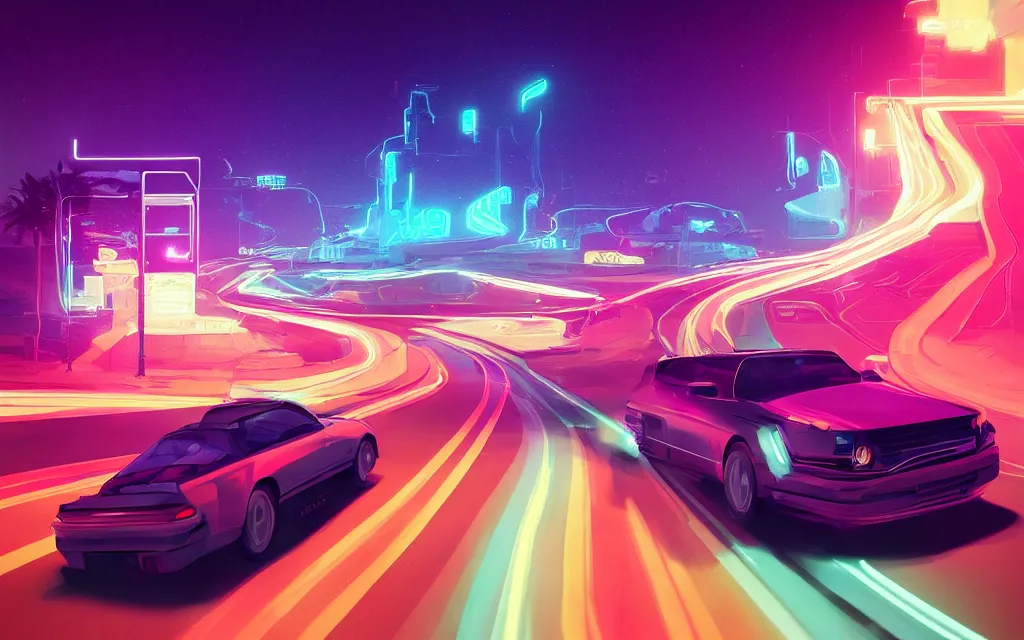 Prompt: a car drifting on a neon road, digital art by beeple, in the style of outrun