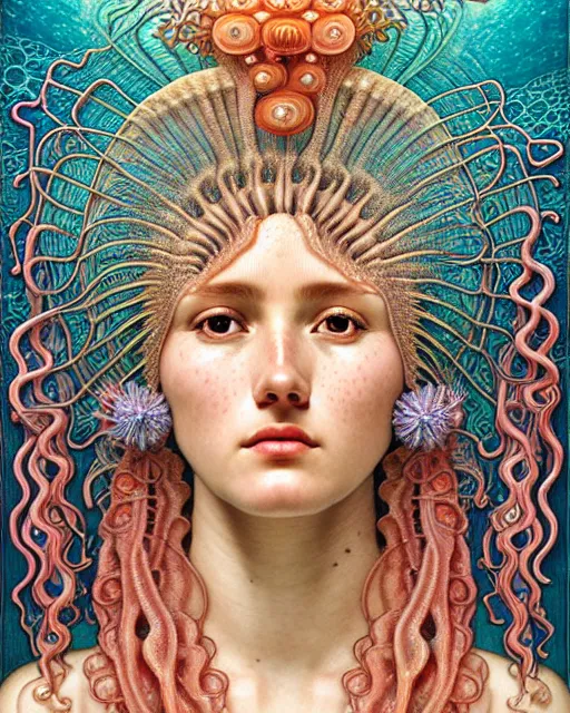 Image similar to hyperrealistic detailed underwater face portrait of the beautiful goddess of the jellyfish with an intricate headgear of corals, sea kelp, sea plants, fish, starfish, jellyfish, art by ernst haeckel, john william godward, android jones, alphonso mucha, gothic - cyberpunk, ornamental, beautiful deep colours,