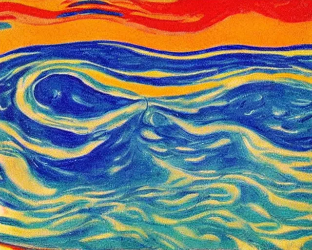 Prompt: Ocean waves in a psychedelic dream world. DMT. Curving rivers. Edvard Munch. Emil Nolde. Minimalist.