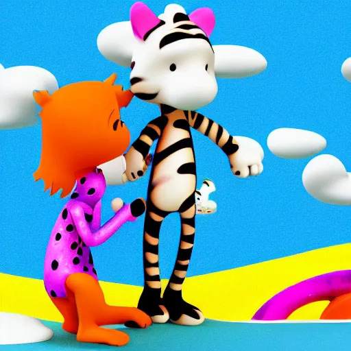 Prompt: calvin and hobbes, lisa frank style, 3 d render