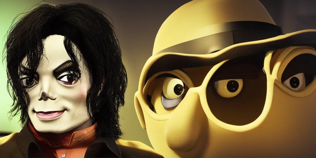 Image similar to michael jackson minion, focused shot, realistic, octane render