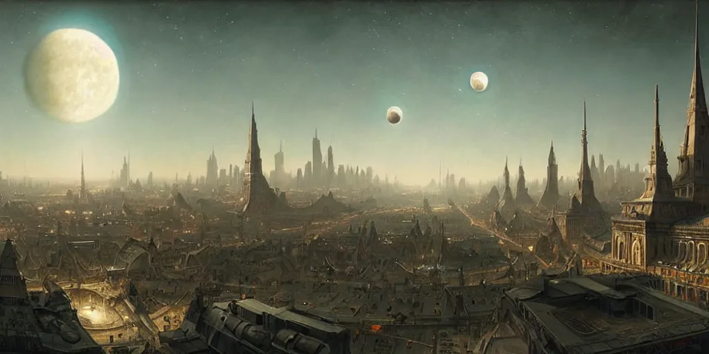 Image similar to planetary city, 2 moons on the horizon of different sizes,, intricate, highly detailed,, photorealistic, digital painting, artstation, illustration, concept art, smooth, sharp focus, by ansel adams and bernardo bellotto, john collier, albert aublet and krenz cushart