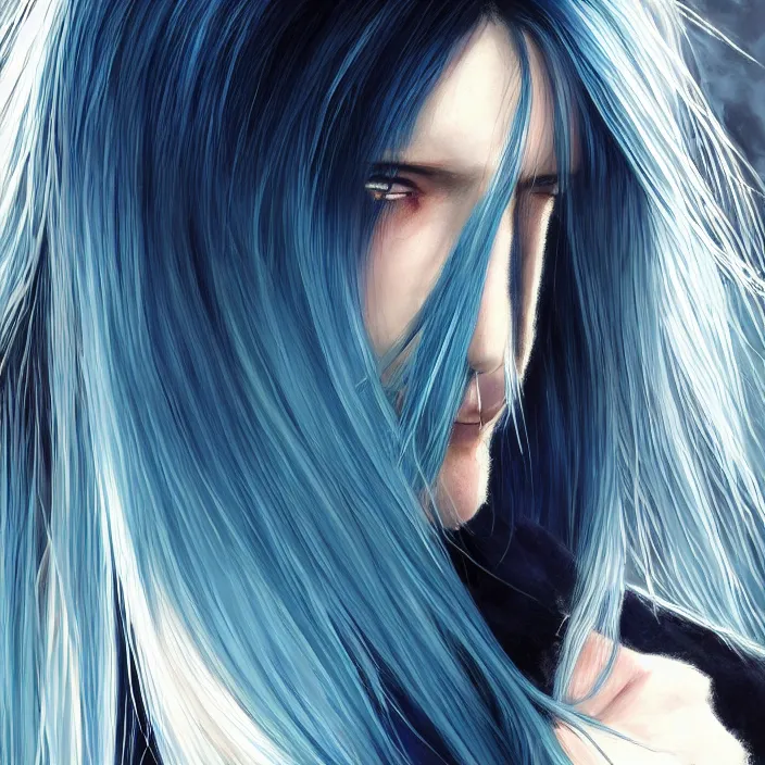 Image similar to full face shot of rimuru tempest, sky blue straight hair, long bangs, with amber eyes, wearing a black jacket, high collar, ultra detailed, concept art, award winning photography, digital painting, cinematic, wlop artstation, closeup, pixiv, evil, yoshitaka amano, andy warhol, ilya kuvshinov,