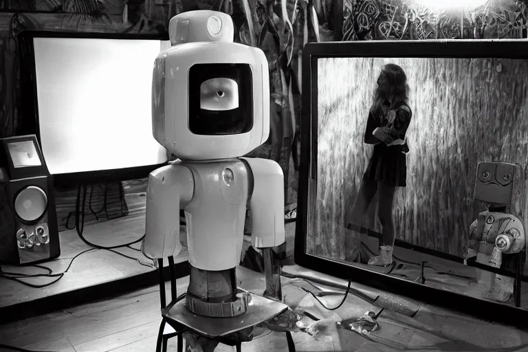 Prompt: robot staring at her reflection in a mirrored monolith, from 1977, in a tiki bar, volumetric lighting, surrounded by crt monitors, photograph, in the style of jack bridgeland