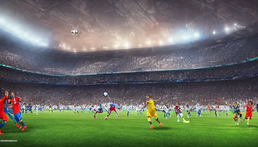 Image similar to 2 0 3 0 fifa world cup match, inside the crowded stadium, players on the field, hyperdetailed, artstation, cgsociety, 8 k