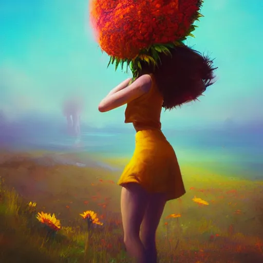 Image similar to closeup, giant flower head, girl standing on cliff, surreal photography, sunrise, blue sky, dramatic light, impressionist painting, digital painting, artstation, simon stalenhag