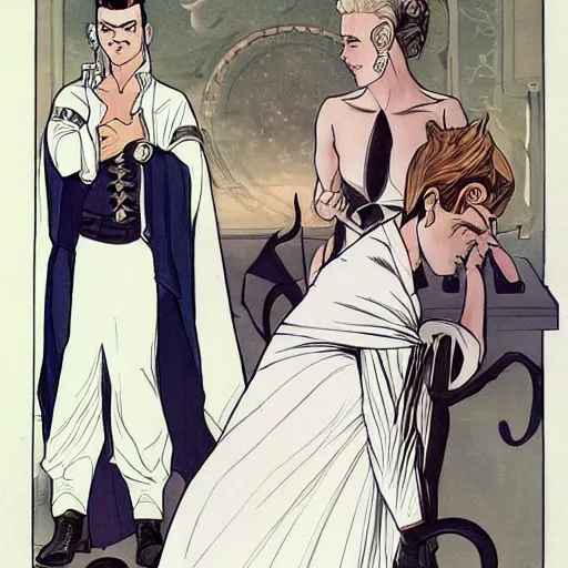 Image similar to heroic square - jawed emotionless serious blonde butch woman starship engineer, tribal tattoos, handsome, short slicked - back hair, sweating, wearing white and gold satin victorian gown at formal dinner, looking distracted, awkward, mike mignogna, david mack