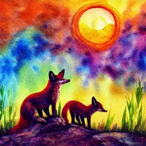 Image similar to a fox family, fantasy scenery, rainbow, watercolor painting, sunset