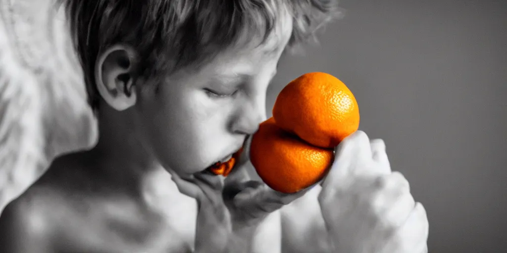 Image similar to angel eating an orange, sharp focus, clear, hd, 4 k