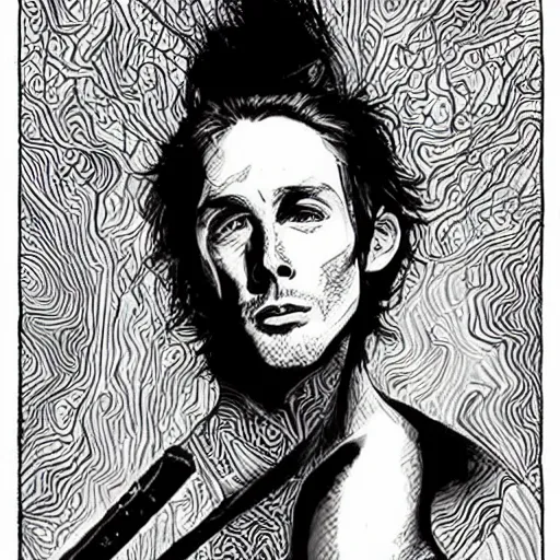 Image similar to Monocrhome pen and ink!!!! attractive 22 year old geotic!! Jaco Pastorius x Ryan Gosling golden!!!! Vagabond!!!! floating magic swordsman!!!! glides through a beautiful!!!!!!! battlefield dramatic esoteric!!!!!! pen and ink!!!!! illustrated in high detail!!!!!!!! by Moebius and Hiroya Oku!!!!!!!!! graphic novel published on 2049 award winning!!!! full body portrait!!!!! action exposition manga panel black and white Shonen Jump 2077