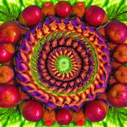 Prompt: an infinite plane of fruit in bowls, fractal art