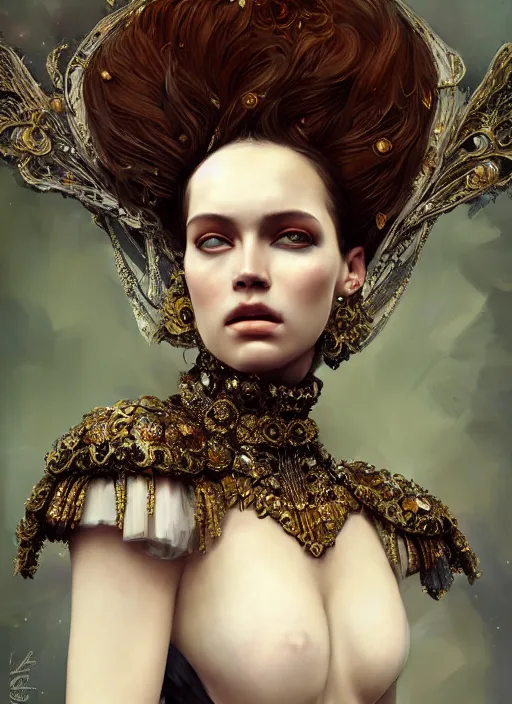 Prompt: portrait of beautiful female model by irakli nadar with intricate detailed wearing victorian dress designed by alexander mcqueen and rocky gathercole, haunting, elite, elegant, ruan jia, dark, hyper detailed, concept art, by gustav klimt,