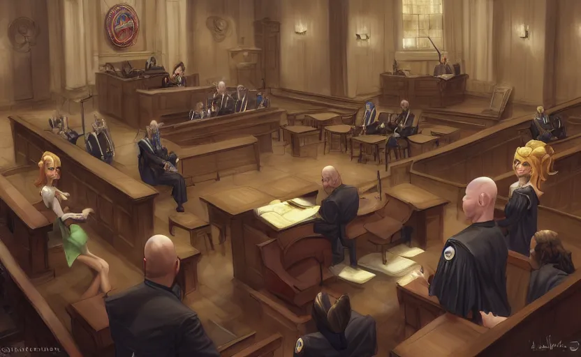 Image similar to courtroom, trial of a bald man! in a skirt! and black stockings!!, no blur, 4 k resolution, ultra detailed, style of marc simonetti, tyler edlin, deviantart