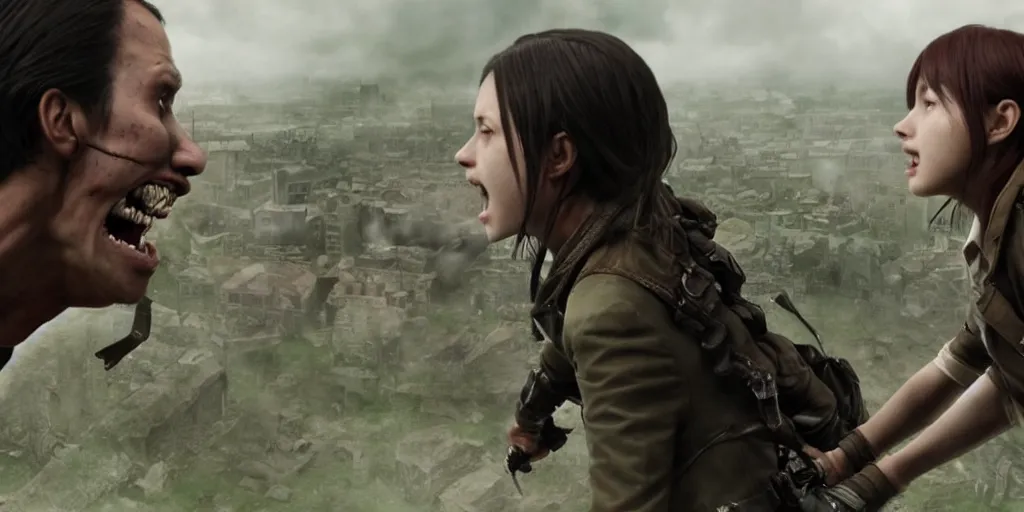 Prompt: live action cinematic version of attack on titan, erin vs a titan, dynamic lighting, cinematic