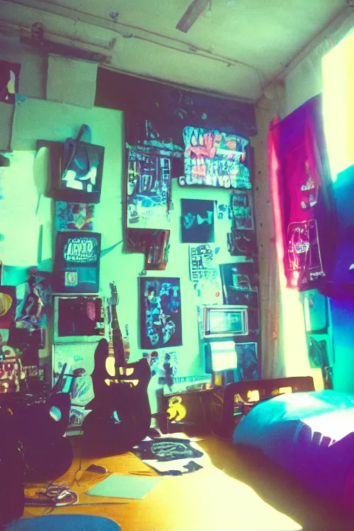 Image similar to agfa vista 4 0 0 photograph of a cluttered 9 0 s teenagers goth punk rock bedroom, synth vibe, vaporwave colors, lens flare, moody lighting, moody vibe, telephoto, 9 0 s vibe, blurry background, grain, tranquil, calm, faded!,