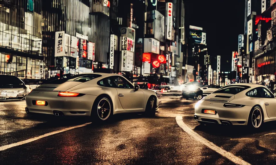 Image similar to photo of a porsche 911 at night drifting through a city, cinematic, 4k, long exposure photography, tokyo drift, fast and furious, film still, night photography, motion blur, lens flare, movie shot, light trail, distortion, wide angle, reflections