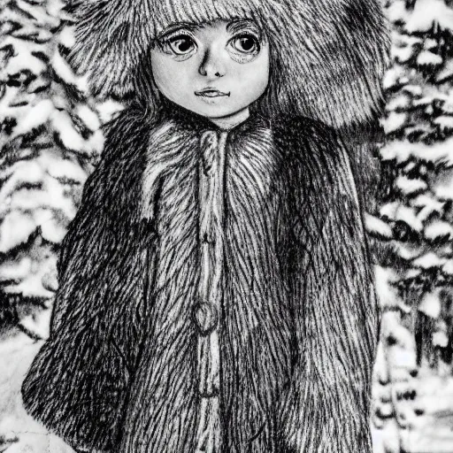 Prompt: a black and white ink drawing close up of a large - eyed ten year old girl named lucy dressed in winter fur parka and and a fur hat walking in the woods