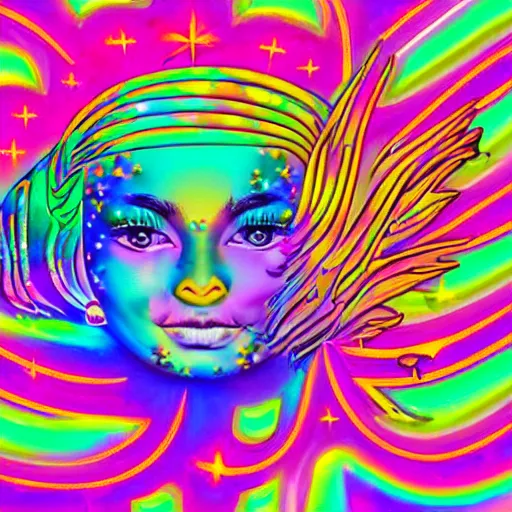 Image similar to a holographic sticker in the style of lisa frank and alex grey