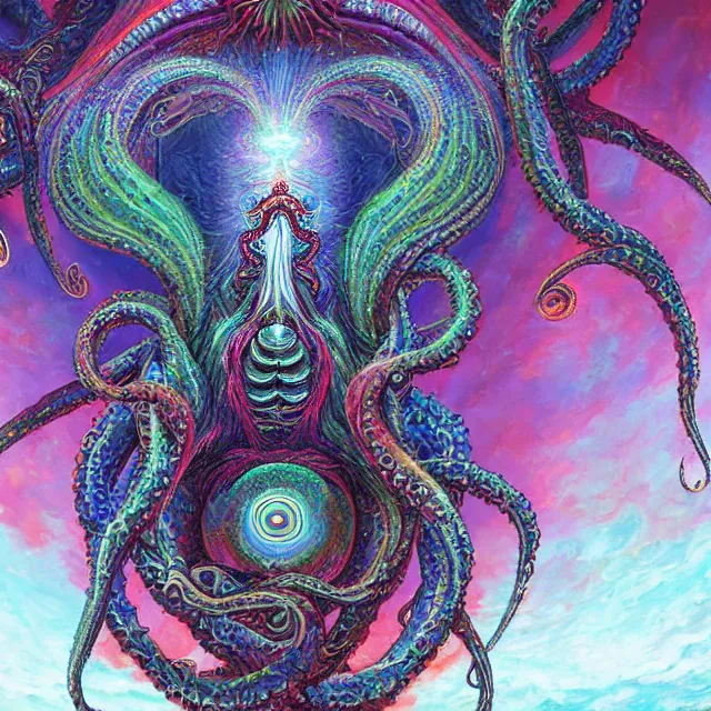 Image similar to angelic ophanim Lovecraftian horror covered in eyes tentacles and wings, oil painting award winning, chromatic aberration sharp colors, fractal geometry insane angel