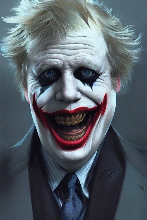 Image similar to Boris Johnson as Joker from The Dark Knight, portrait, highly detailed, digital painting, artstation, concept art, smooth, sharp focus, illustration, cinematic lighting, art by artgerm and greg rutkowski and alphonse mucha