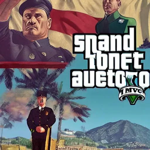 Prompt: mussolini in gta v, cover art by stephen bliss, boxart, loadscreen