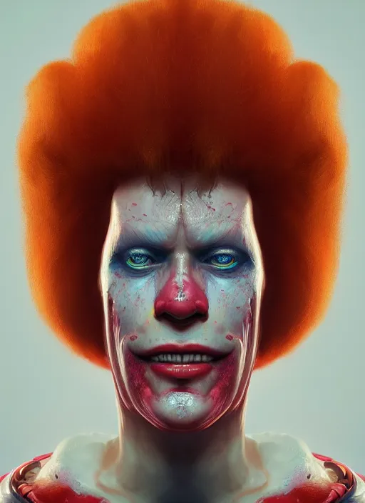 Image similar to biopunk portrait of ronald mcdonald, au naturel, hyper detailed, digital art, trending in artstation, cinematic lighting, studio quality, smooth render, unreal engine 5 rendered, octane rendered, art style by klimt and nixeu and ian sprigger and wlop and krenz cushart.