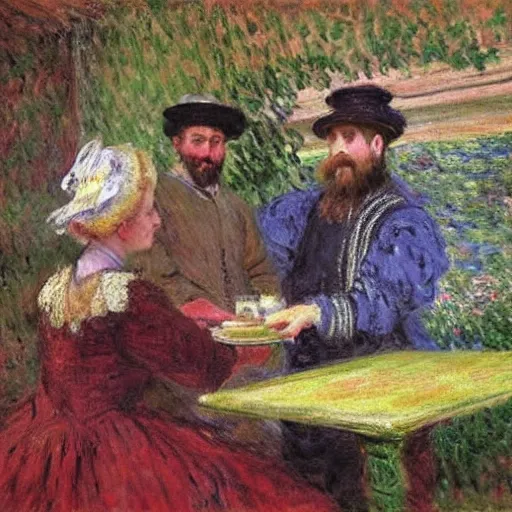 Image similar to Shakespeare serving drinks at the RSC, painting by monet