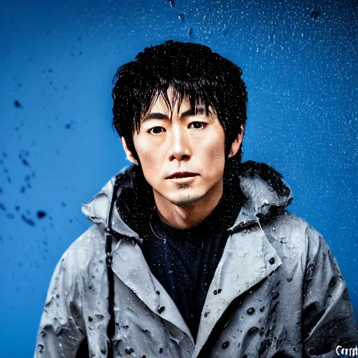 Prompt: a close up photographic portrait of a handsome japanese actor wearing wet weather gear looking worried taken by annie leibowitz. cinematic lighting, blue background colour, 5 0 mm, subsurface scatter, sci fi.
