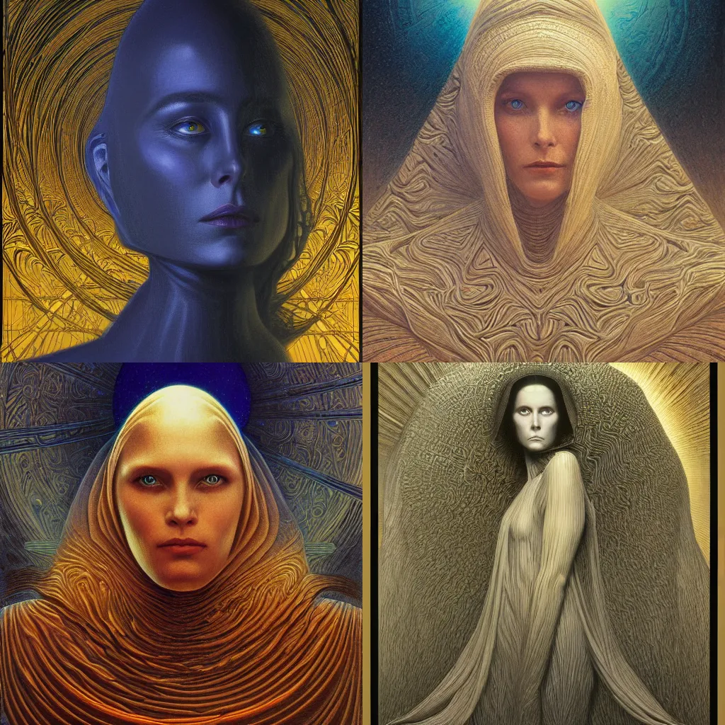 Prompt: sci - fi portrait of bene gesserit order sister by jean delville and gustave dore, intricate, hyperealistic, photoreal, 8 k resolution