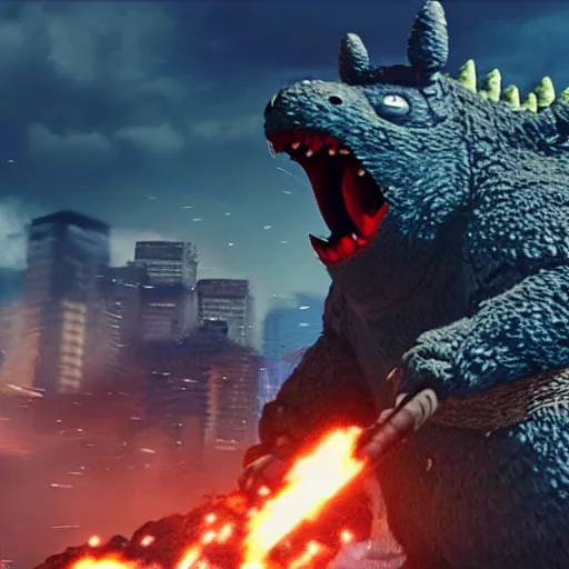 Prompt: cinematic photo of Totoro fighting Godzilla in Tokyo, cinematic, unreal engine, epic, explosions,