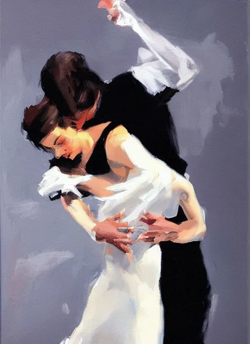 Prompt: sensual tango dancerin in white dress, painting by phil hale, fransico goya,'action lines '!!!, graphic style, visible brushstrokes, motion blur, blurry, visible paint texture, crisp hd image