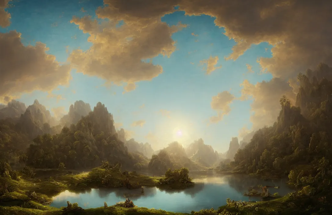 Prompt: rococo baroque fractal landscape, hyperreal phantastic meadow landscape, small sailship on a lake, mountains in background, intricate details in environment, meeting point, portal, luminance, bright pastel colors, golden ratio, high aestehtic, cinematic light, godrays, distance, clear atmosphere, photobash, wideangle, bierstadt, hyperreal 4 k