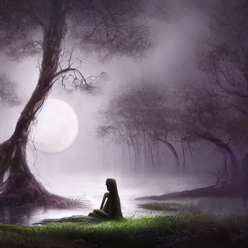 Image similar to highly realistic scenic painting of a towering misty dark fantasy forest surrounding a pond, a rusalka sits on the roots of an ancient tree looking up at the moon, spooky fog, scary forest, fantasy painting hd