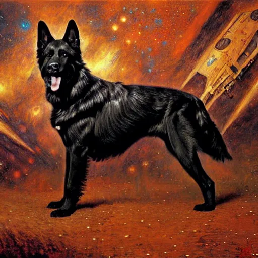 Image similar to a portrait of a black german shepard dogman canine with human eyes and mouth star trek captain red shirt. highly detailed painting by gaston bussiere craig mullins jc leyendecker gustav klimt artgerm greg rutkowski