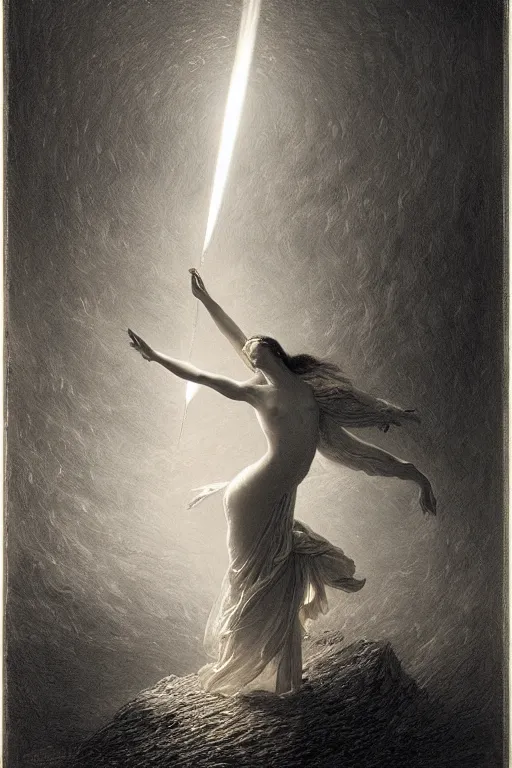 Image similar to dancer in the wind by gustave dore and greg rutkowski, light cone, reimagined by industrial light and magic