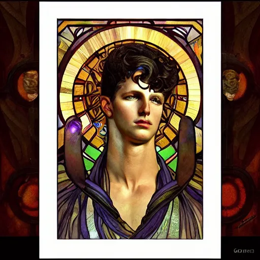 Prompt: a dramatic ethereal epic symmetrical painting of a handsome augustus caesar | tarot card, art deco, art nouveau, steampunk, realistic | by louis comfort tiffany and alphonse mucha | trending on artstation