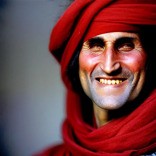 Prompt: portrait of george washington as afghan man, green eyes and red scarf looking intently, laughing, photograph by steve mccurry