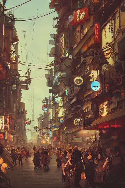 Prompt: crowdy tokyo street, mucha vibe, dieselpunk, solarpunk, artstation, andrei riabovitchev