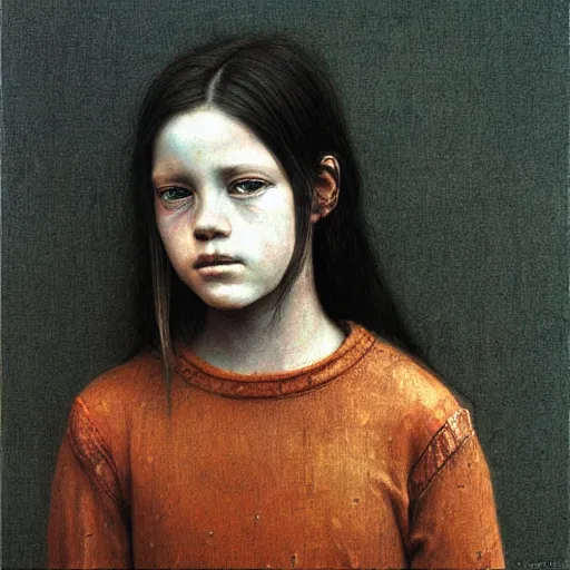 Prompt: portrait of 12 years old girl, painting by Beksinski