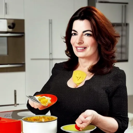 Image similar to Nigella Lawson, with a sharingan, cooking curry