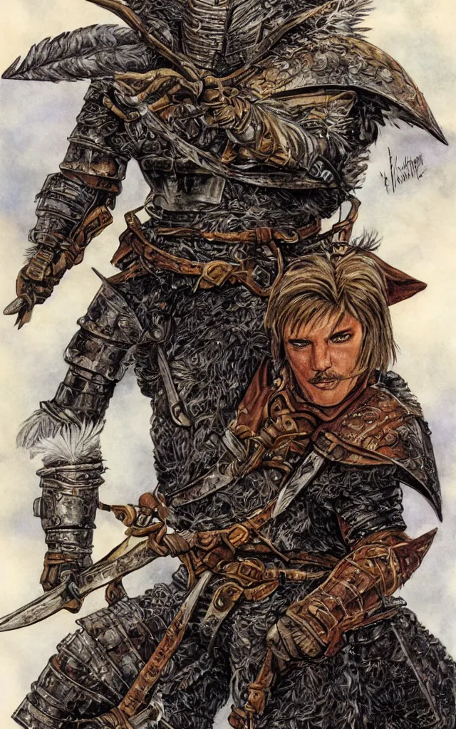 Image similar to portrait of a dnd character, a human fighter wearing armour made out of griffin feathers, by larry elmore