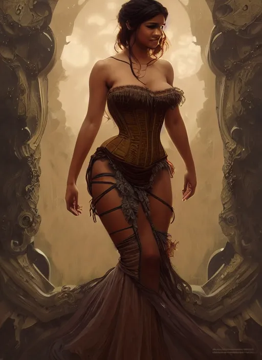 Image similar to cute brown woman wearing a translucent corset dress, fantasy, intricate, highly detailed, digital painting, artstation, concept art, wallpaper, smooth, sharp focus, illustration, art by artgerm and greg rutkowski and alphonse mucha