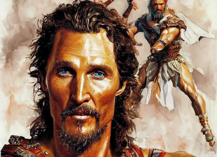 Image similar to a highly detailed beautiful portrait of matthew mcconaughey as kratos, by gregory manchess, james gurney, james jean