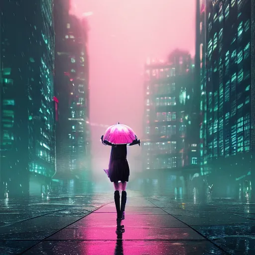 Image similar to ciberpunk city of the future, blade runner style, octane render, digital art, rain, beautiful girl with umbrella wearing a clear raincoat , pink hair, cinematic, 8k, very intricate, 80's, night time,