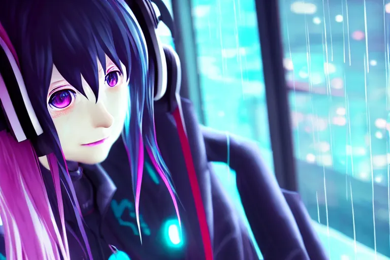 Image similar to hatsune miku with headphones is looking at a rainy window in the style of a code vein character creation, cyberpunk art by Yuumei, cg society contest winner, rayonism light effects and bokeh, daz3d, vaporwave, deviantart hd