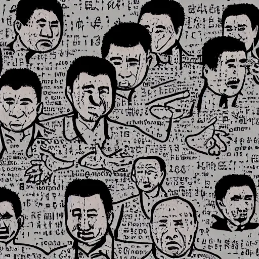 Image similar to uyghur Uighur men in a prison, heart kidney lungs, in the style of daniel johnston and outsider art, 4k, line brush, overlaid with chinese adverts and text