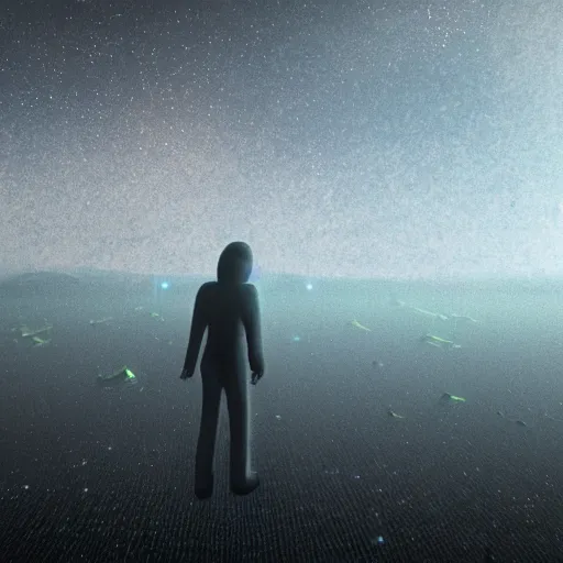 Prompt: A realistic detailed photo of a shadow standing in the distance, creepy, space, space debris, detailed body, glass reflections, foggy landscape, bits of rock floating in space, light particles, detailed light, realistic shaders, trending on artisation, detailed textures, detailed, realistic.