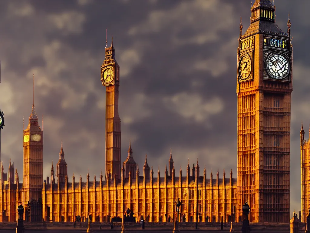 Prompt: an ancient beautiful cyborg of the elder gods in the city of London, with Big Ben in the background, westminster, colourful, dramatic lighting, golden hour, very detailed octane render very realistic beautiful