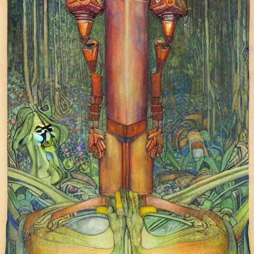 Prompt: robot seizes the forest crown, by Annie Swynnerton and Diego Rivera and Elihu Vedder, symbolist, dramatic lighting, elaborate geometric ornament, tattoos, Art Brut, soft cool colors,smooth, sharp focus, extremely detailed, Adolf Wölfli